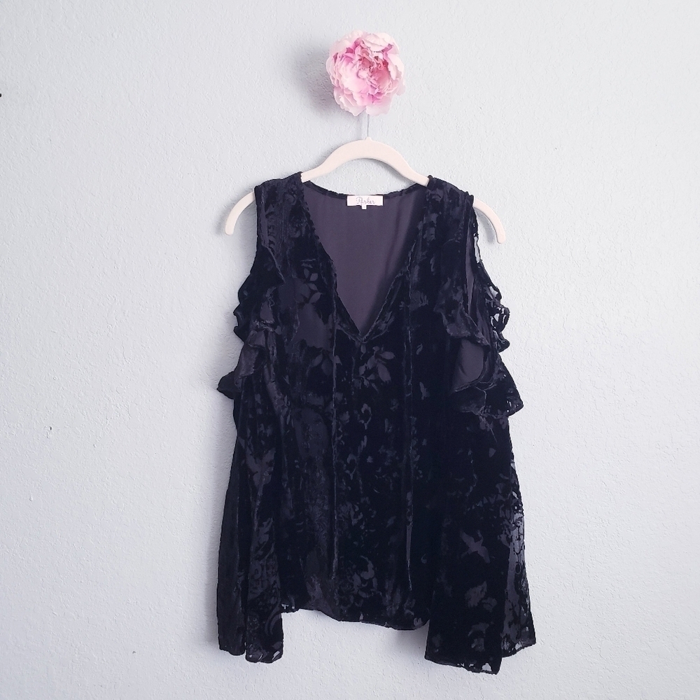 Parker Black Floral Velvet Burnout Cold Shoulder Long Sleeve Blouse